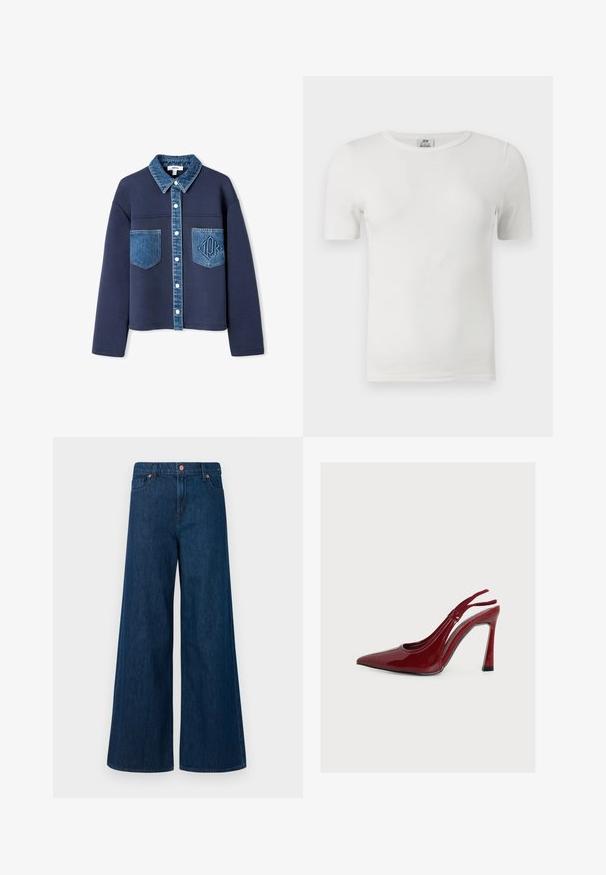 Chaqueta azul marino con cuello de mezclilla y bolsillos, con cierre de botones, texturas de tela en contraste y un sutil logo en relieve en uno de los bolsillos.; Camiseta blanca de manga corta con cuello redondo y costillas, con corte ajustado y etiqueta de la marca JDY en el interior del cuello.; Jeans de mezclilla de pierna ancha azul con cierre frontal de botón, trabillas para el cinturón y diseño de cinco bolsillos sobre un fondo blanco.; Zapato slingback de charol rojo de tacón alto, con punta afilada y tacón de aguja, mostrado de perfil sobre un fondo blanco liso.