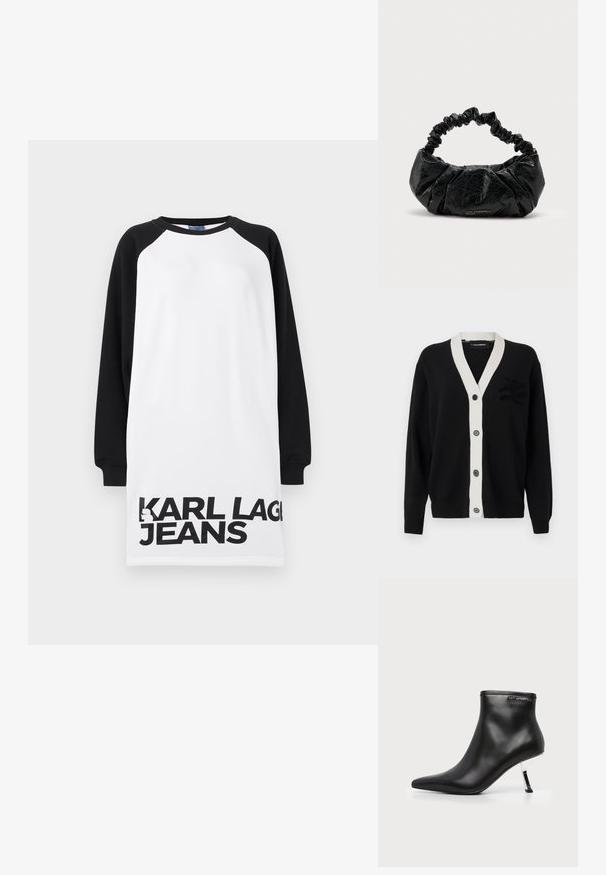 Čierny cardigan s bielym V-výstrihom a piatimi prednými gombíkmi. Obsahuje textúrované logo na ľavej strane. Vyrobené z mäkkého materiálu.; Biele a čierne naddimenzionované šaty s raglánovými rukávmi, na spodnej strane so silným čiernym textom "KARL LAGERFELD JEANS". Hladký bavlnený materiál.; Čierna kožená členková čižma s špicatou špičkou a lesklým strieborným ihličkovým podpätkom na bielom pozadí.; Čierna textúrovaná kožená kabelka so zúženou elastickou rukoväťou a jemným logom "Karl Lagerfeld Jeans" na prednej dolnej strede.