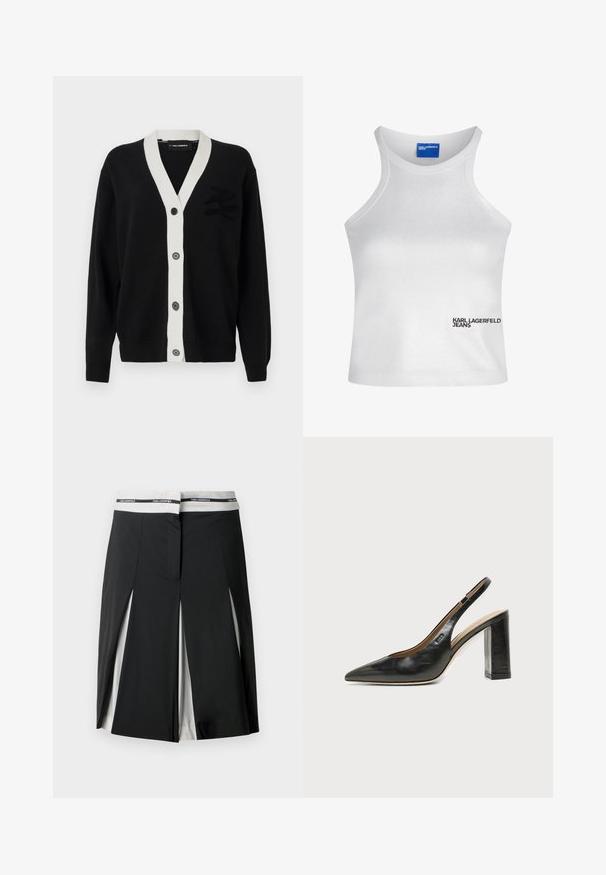 Čierny cardigan s bielym V-výstrihom a piatimi prednými gombíkmi. Obsahuje textúrované logo na ľavej strane. Vyrobené z mäkkého materiálu.; Biely bezrukávový crop top s vysokým golierom a logom "Karl Lagerfeld Jeans" v pravom dolnom rohu vpredu.; Čierna midi sukňa s bielymi bočnými panelmi a detailmi rozparku, s bielym pásom so značkou "KARL LAGERFELD" v čiernej farbe.; Čierna kožená slingback obuv s špicatou špičkou, vysokým hrubým podpätkom a béžovou vnútornou podšívkou na svetlom jednofarebnom pozadí.