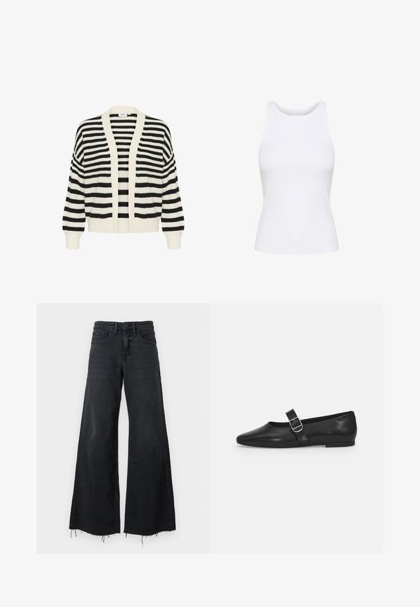 Stribet cardigan med sort og hvid vandret striber, åben front og ribbede manchetter og kant. Fremstillet af blødt, struktureret strikmateriale.; Hvid tanktop lavet af glat stof med en tætsiddende design. Har en rund halsudskæring og et diskret logo præget på forsiden.; Good American GOOD EASE RELAXED - Wide leg - black; Sorte læder flade sko med rund tå, et enkelt justerbart spænde og en glat, blank overflade. Minimalistisk design med en lav hæl.