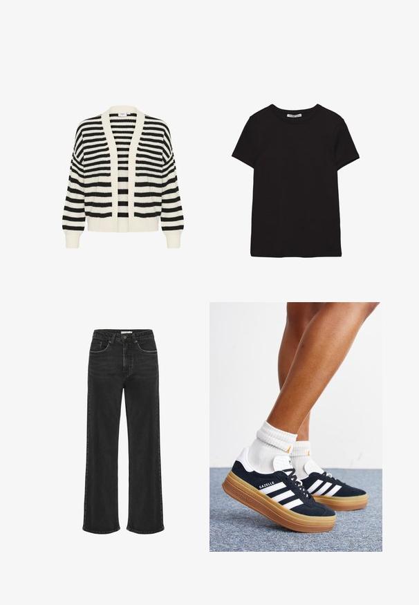 Stribet cardigan med sort og hvid vandret striber, åben front og ribbede manchetter og kant. Fremstillet af blødt, struktureret strikmateriale.; Sort kortærmet t-shirt i bomuld med rund halsudskæring, standard pasform og synlig indvendig halsmærkat.; Sorte denimjeans med høj talje, lige ben og kontrastsyning. Har fem lommer og en knaplukning foran.; Ben iført hvide sokker og sorte Adidas Gazelle sneakers med hvide striber og tykke brune såler på et gråt tæppe.