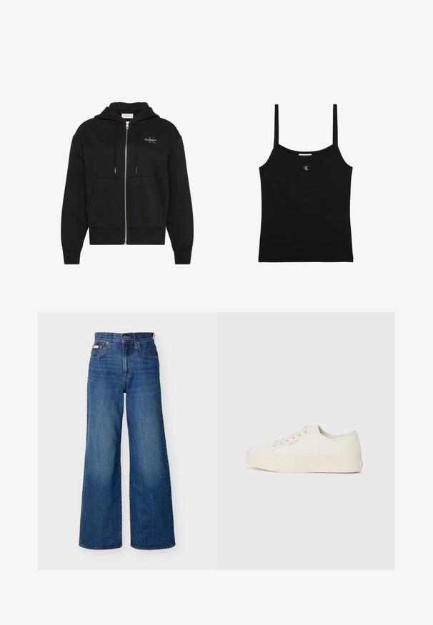 Zwarte hoodie met rits, voorzakken, trekkoorden en klein Calvin Klein-logo op de linkerborst.; Zwarte cropped tanktop met dunne schouderbandjes en een klein zilveren CK-logo gecentreerd onder de halslijn.; Blauwe wijde denim jeans met hoge taille, knopen aan de voorkant, rits en vijfzakkenontwerp tegen een effen achtergrond.; Sneakers van off-white canvas, met een laag ontwerp, ronde neus en platte rubberen zool met subtiele stiksels.