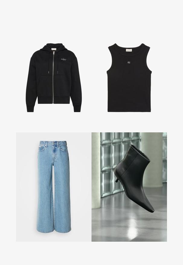 Zwarte hoodie met rits, voorzakken, trekkoorden en klein Calvin Klein-logo op de linkerborst.; Zwart mouwloos geribd tanktopje met ronde halslijn en klein Calvin Klein logo patch in het midden op de borst.; Lichtblauwe wijde jeans van denim, met een hoge taille, vijf pockets en subtiele vervaging langs de stof.; Zwarte leren enkellaars met spits toelopende neus en lage kittenhak, schuin weergegeven tegen een gepolijste vloer en een glazen blokken muur als achtergrond.
