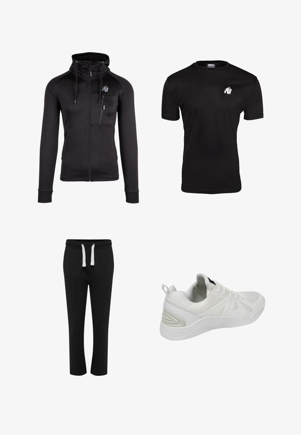 Zwarte zip-up hoodie gemaakt van zachte stof met een getailleerd ontwerp. Heeft een hoge kraag, verstelbare trekkoorden en een ritszak op de borst.; Zwarte T-shirt met korte mouwen, gemaakt van een gladde stof, met een kleine witte gorilla-afbeelding op de linkerborst. Ronde halslijn zonder accenten.; Zwarte sweatpants met rechte pijpen, elastische tailleband en witte trekkoorden, afgebeeld tegen een effen witte achtergrond.; Witte sportieve schoen met mesh bovenwerk, textuuraccenten en rubberen zool. Bevat versterkte hak en logodetail op de tong.