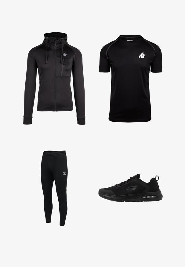 Zwarte zip-up hoodie gemaakt van zachte stof met een getailleerd ontwerp. Heeft een hoge kraag, verstelbare trekkoorden en een ritszak op de borst.; Gorilla Wear PERFORMANCE - T-shirt print - black; Zwarte slim-fit sportbroek met elastische tailleband, Hummel-logo op de dij en reflecterend chevron-design op de zijpanelen.; Zwarte sportieve schoenen met een ademend mesh-bovenwerk, gestructureerde accenten, een gevoerde middenzool en een zichtbare luchtunit in de zool voor comfort.