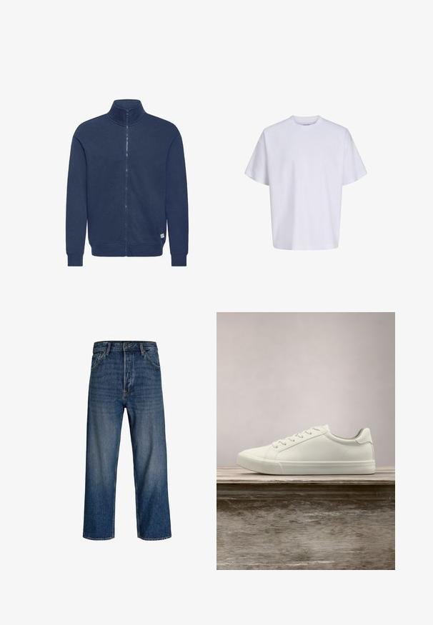 Sweat-shirt zippé bleu marine avec col montant, poignets et ourlet côtelés, fabriqué dans un matériau doux. Présente un petit patch logo en bas.; T-shirt blanc uni oversize à manches courtes, col rond et coupe ample sur fond blanc.; Jean en denim avec une coupe droite, couleur bleu foncé et délavage subtil. Comprend cinq poches et une fermeture à bouton.; Sneaker en dentelle blanche flottant au-dessus d'un banc en bois avec un feuillage vert en arrière-plan, mettant en valeur le design et la texture de la chaussure.