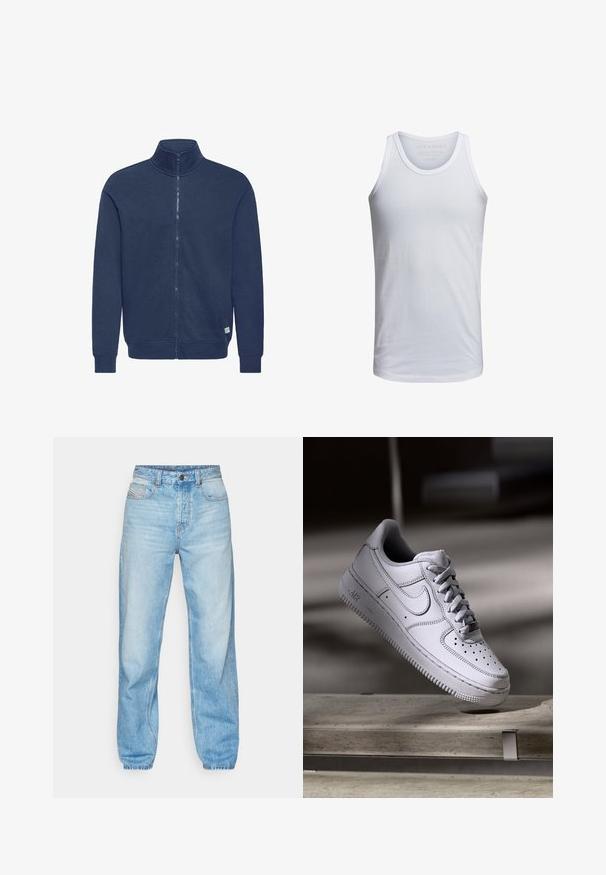 Sweat-shirt zippé bleu marine avec col montant, poignets et ourlet côtelés, fabriqué dans un matériau doux. Présente un petit patch logo en bas.; Débardeur en coton blanc avec un col rond, des bretelles larges et un marquage minimal imprimé à l'intérieur du col. Texture douce, coupe décontractée.; Jean bleu clair en denim, avec une coupe droite, un design à cinq poches et une fermeture à boutons visible avec des coutures contrastantes.; La basket Nike Air Force 1 en cuir blanc présente un embout perforé, des lacets plats et une semelle en caoutchouc texturée avec le logo « AIR » sur le côté.