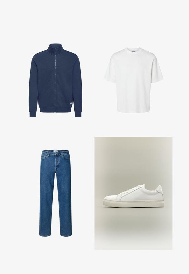 Sweat-shirt zippé bleu marine avec col montant, poignets et ourlet côtelés, fabriqué dans un matériau doux. Présente un petit patch logo en bas.; T-shirt blanc uni à manches courtes, col rond et coupe décontractée, présenté sur un fond blanc.; Jean droit bleu en denim avec fermeture par bouton et fermeture éclair, passants de ceinture et design cinq poches.; Baskets blanches basses à lacets sur l’avant et semelle épaisse, vues de côté sur un fond neutre.
