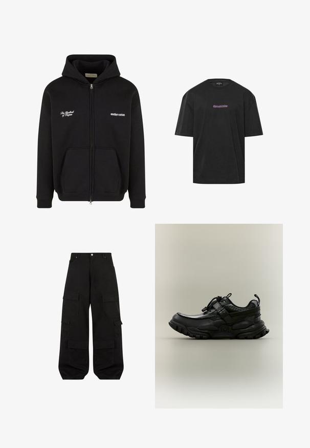 Sort zip-up hoodie lavet af bomuld. Har en frontlomme, ribbede manchetter, og to broderede sætninger i hvid på brystet.; Sort bomulds T-shirt med løs pasform, med et rødt og blåt grafisk design på forsiden, der står "Dpsz Studios." Korte ærmer.; Sorte cargo bukser lavet af slidstærkt bomuld med en afslappet pasform. Har flere nyttige lommer og et lige ben design.; Sort chunky atletiksko med justerbar rem, snørelås og robust sål, vist i sideprofil på neutral baggrund.