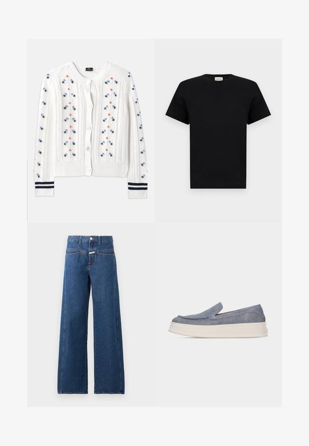 Hvid strikket cardigan med flerfarvet blomsterbroderi, med ribbet kant og manchetter med marineblå striber og knaplukning.; Sort T-shirt med korte ærmer og rund halsudskæring med et lille hvidt mærkat ved halsen med mærkenavnet "CLOSED."; Blå jeans med højt talje og vide ben, foran med knapper og lynlås, forlommer og synlige orange syninger på en ensfarvet baggrund.; Afslappet slip-on sko med lyseblåt denim-overdel og tyk hvid gummisål, vist i profil på en hvid baggrund.