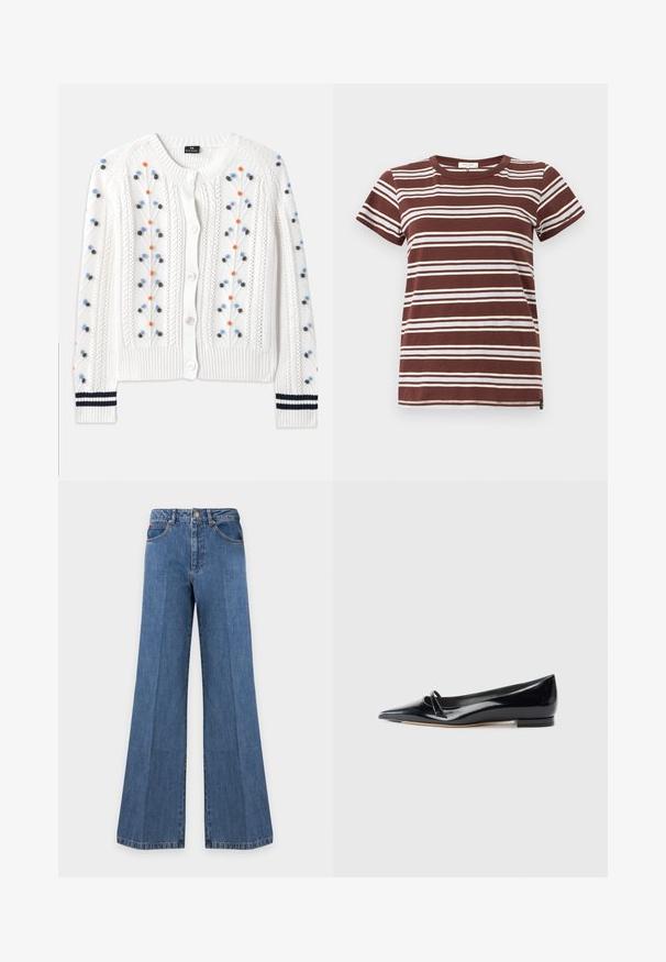 Hvid strikket cardigan med flerfarvet blomsterbroderi, med ribbet kant og manchetter med marineblå striber og knaplukning.; Brun stribet t-shirt med horisontale hvide striber, korte ærmer og en klassisk rund halsudskæring lavet af blød bomuld.; Blå jeans med vide ben, forlommer, bæltestropper, knaplukning og synlige syninger på en ensfarvet lys baggrund.; Sorte patentlæder flade sko med spids tå, lille dekorativ rem og lav blokhæl. Glat tekstur og strømlinet design.