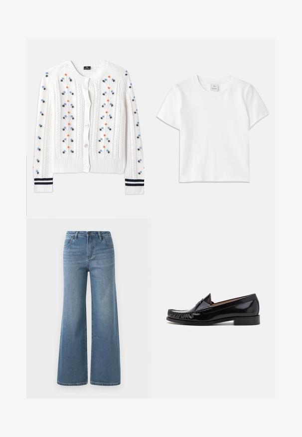Witte gebreide cardigan met veelkleurige bloemen borduursels, voorzien van een geribbelde zoom en manchetten met navy strepen en knoopsluiting.; Witte katoenen t-shirt met een ronde hals, korte mouwen en een rechte zoom. Label met "Won Hundred" aan de voorkant van de halslijn.; Lichtblauwe wijde denim jeans met hoge taille, knoop- en ritssluiting en voorzakken.; Zwarte leren mokassin met een glanzende afwerking, voorzien van franjes aan de voorkant en een lage gestapelde hak.