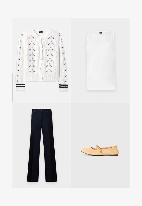 Hvid strikket cardigan med flerfarvet blomsterbroderi, med ribbet kant og manchetter med marineblå striber og knaplukning.; Hvid, ærmeløs tanktop med rund halsudskæring og lille præget logo centreret under halsudskæringen.; Mørkeblå denimflared bukser med høj talje, knaplukning og forlommer. Glat tekstur med minimale syninger.; Gul læder balletflad med spids tå, samlet design med en guldkædeaccent og en lilla sål. Glat tekstur.