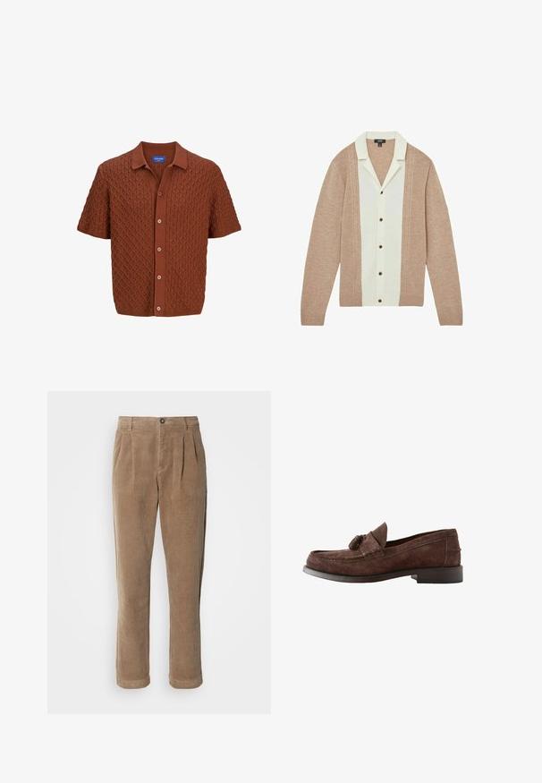 Polo en tricot marron à manches courtes, avec un motif diamant texturé, fermeture par boutons et col classique. Confectionné à partir d'un tissu doux.; Cardigan en tricot avec un corps beige et un panneau central blanc. Il dispose d'un col, d'une fermeture à boutons et de panneaux latéraux texturés.; Pantalons en velours côtelé marron à taille haute, avec des plis à l'avant, une fermeture à bouton et des jambes droites. Le tissu texturé est visible.; Mocassin pour homme en daim marron avec détail à pompon et petit talon empilé, vue de côté sur fond blanc.