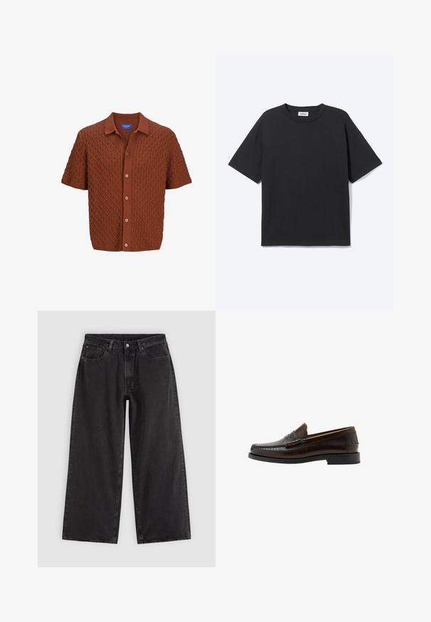 Polo en tricot marron à manches courtes, avec un motif diamant texturé, fermeture par boutons et col classique. Confectionné à partir d'un tissu doux.; T-shirt noir à manches courtes avec col rond, coupe décontractée, vue de face, design uni et étiquette de la marque Weekday visible à l’intérieur du col.; Jean en denim noir à jambes larges avec poches avant, passants pour ceinture et fermeture par boutons, présenté sur un fond clair uni.; Mocassin penny en cuir marron foncé avec bout moc cousu, talon bas et finition lisse, présenté de profil sur fond blanc.