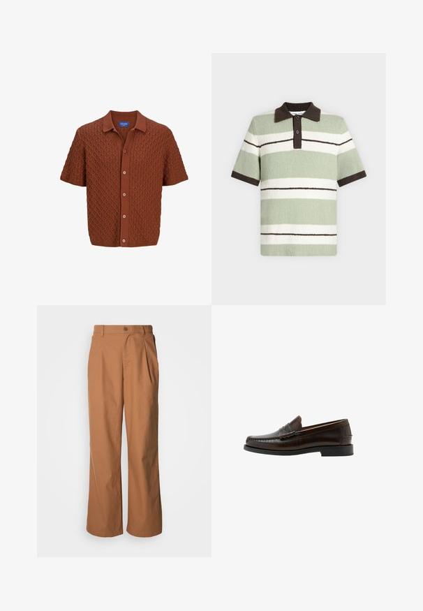 Polo en tricot marron à manches courtes, avec un motif diamant texturé, fermeture par boutons et col classique. Confectionné à partir d'un tissu doux.; Polo en maille à manches courtes avec des rayures horizontales vert clair, blanc et brun foncé, avec col et bordures de manches brun foncé.; Pantalon à jambes larges en tissu marron chaud, avec fermeture à boutons sur le devant, plis subtils et coupe droite pour une tenue décontractée.; Mocassin penny en cuir marron foncé avec bout moc cousu, talon bas et finition lisse, présenté de profil sur fond blanc.