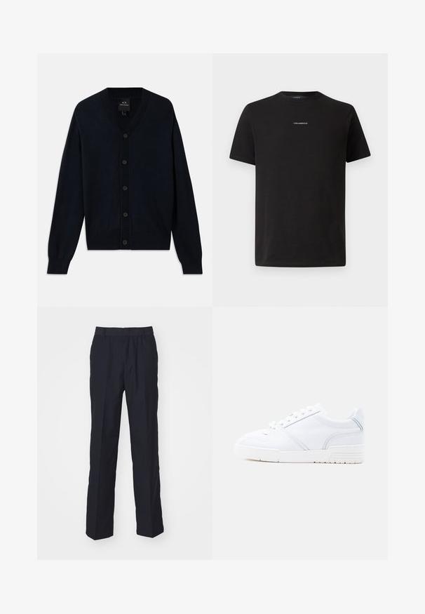 Cardigan bleu marine en tissu fin tricoté, avec un décolleté en V, sept boutons sur le devant et des poignets et un ourlet côtelés.; T-shirt en coton noir avec col rond, manches courtes et un petit logo blanc "KARL LAGERFELD" sur la poitrine. Design simple.; Pantalons bleu marine en tissu léger, avec une coupe droite, une taille élastique et sans poches ni motifs visibles.; Baskets blanches basses avec fermeture à lacets, panneaux cousus et semelle texturée, présentées de profil sur un fond uni.
