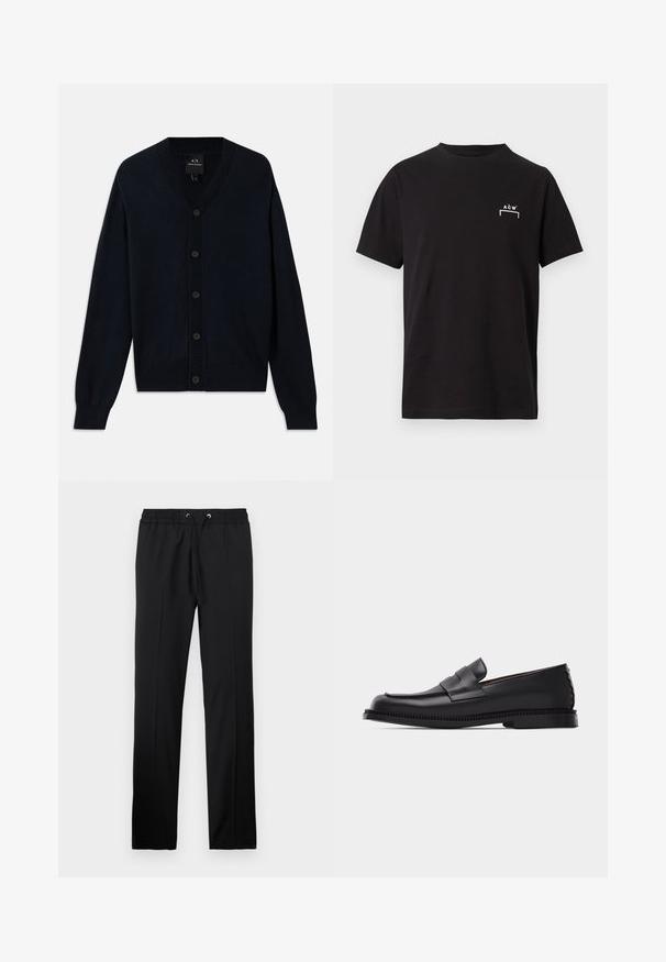 Marineblå cardigan lavet af fint strikstof, med V-udskæring, syv knapper foran og ribbede manchetter og kant.; Sort T-shirt med korte ærmer og rund hals med lille hvidt "A C W" logo og understregning på venstre bryst.; Iceberg PANTALONI - Bukser - nero; Sort læder penny loafer med lav hæl, rundet tå og dekorativ rem over vristen, sat på en ensartet lys baggrund.