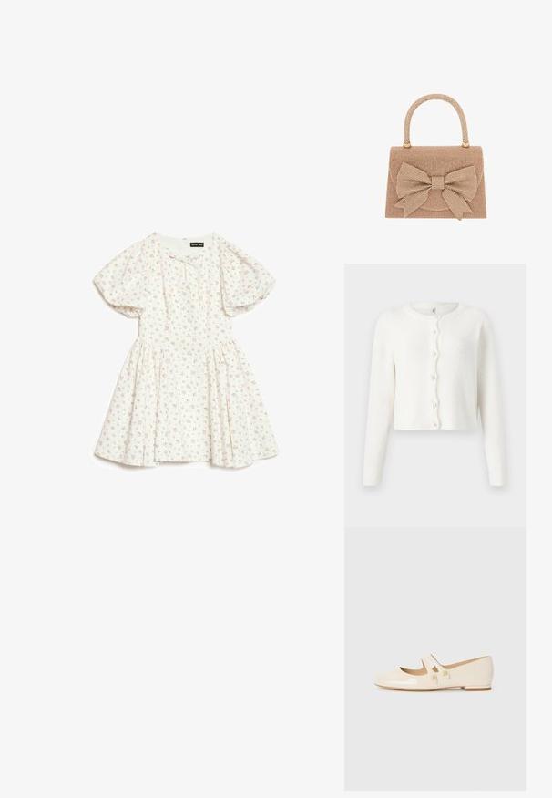 Cardigan blanc fabriqué en tissu doux et texturé. Présente un col rond, des manches longues et six boutons ressemblant à des perles sur le devant.; Robe blanche à manches courtes bouffantes avec un petit imprimé floral rose, dotée d'une taille froncée et d'un col rond avec un petit nœud.; Ballerines en cuir verni ivoire avec deux sangles décoratives et boutons dorés, présentant un bout rond et un petit talon carré.; Sac à main beige avec une structure rigide, en tissu texturé orné de petits clous métalliques et d'un grand nœud sur le devant.