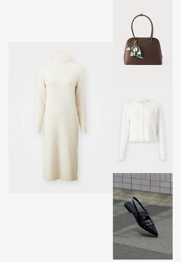Witte cardigan gemaakt van zachte, gestructureerde stof. Heeft een ronde halslijn, lange mouwen en zes parelachtige knopen aan de voorkant.; Crème-kleurige gebreide jurk met een hoge col, lange mouwen en geribbelde manchetten, met een zachte, getextureerde afwerking.; Zwarte sandaal met platte zool en spitse neus, voorzien van meerdere gespsluitingen en een slingback, geplaatst boven een verhard oppervlak en een tegelmuur op de achtergrond.; Bruine leren handtas met afgeronde vorm, dubbele handvatten en een decoratieve sjaal als sleutelhanger. Voorzien van een ritssluiting en een minimalistisch ontwerp.