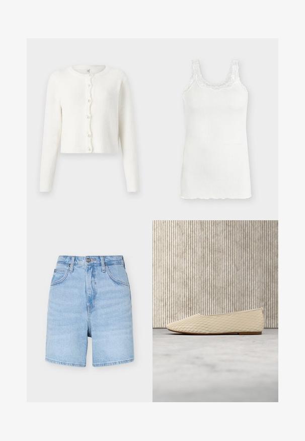 Witte cardigan gemaakt van zachte, gestructureerde stof. Heeft een ronde halslijn, lange mouwen en zes parelachtige knopen aan de voorkant.; Witte geribbelde mouwloze tanktop met kanten bies rond de ronde halslijn en banden, weergegeven op een effen lichte achtergrond.; Lichtblauwe denim shorts met hoge taille, voor knoop- en ritssluiting, broeklussen en voorzakken, op een effen achtergrond.; Beige instapschoenen met een subtiel diagonaal stikselpatroon, geplaatst op een gestructureerd tapijt, met een ronde amberkleurige tafel op de achtergrond.