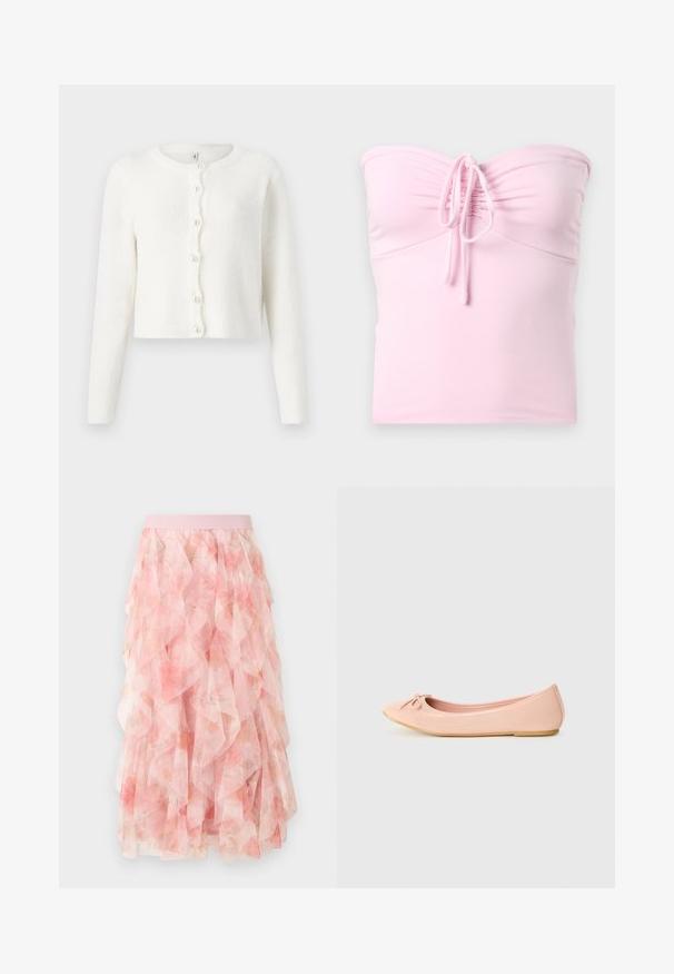 Hvid cardigan lavet af blødt, tekstureret stof. Har en rund halsudskæring, lange ærmer og seks perle-lignende knapper ned langs fronten.; Hollister Co. TIE FRONT TUBE - Top - light pink; Pink lagdelt tyll midi nederdel med blomsterprint og elastisk taljebånd, med bløde flæseteksturer.; Ballet flade sko i lys pink syntetisk materiale med en rund tå, der har en lille sløjfedetalje og en fleksibel sål.