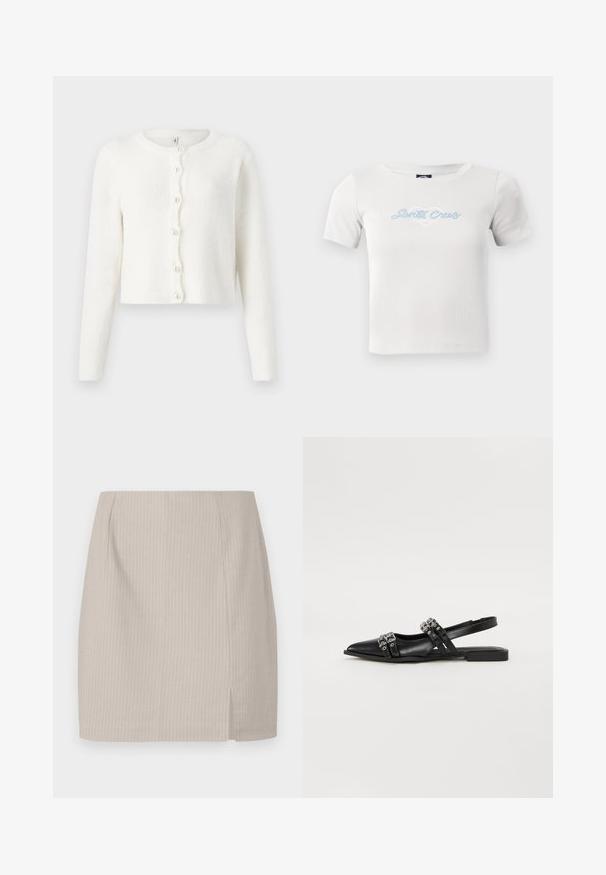 Cardigan blanc fabriqué en tissu doux et texturé. Présente un col rond, des manches longues et six boutons ressemblant à des perles sur le devant.; T-shirt en coton blanc à manches courtes, avec un logo en script "Santa Cruz" bleu clair et un graphique de cœur au centre.; Jupe crayon beige avec une texture rayée, une coupe droite et une fente sur le côté pour plus de mouvement. Fabriquée en tissu léger.; Even&Odd by Zalando Ballerines à brides arrière - black