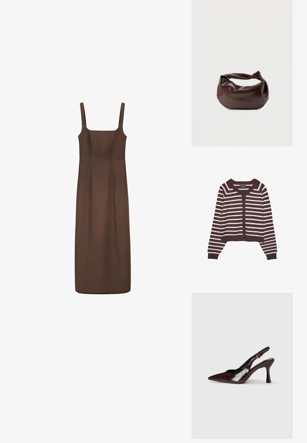 Bruine en crèmekleurige gestreepte cardigan, cropped ontwerp, met een ronde halslijn en zes knopen aan de voorkant, met geribde cuffs en zoom.; Mouwloze bruine midi-jurk met vierkante halslijn en aansluitend silhouet, met brede schouderbanden en eenvoudige naden aan de voorkant.; Bruine gepatineerde leren slingback pumps met een spitse neus, een dunne hak en een verstelbaar bandje met een kleine gesp.; Donkerbruine leren schoudertas met een zachte, slungelige vorm en een gedraaide knoopvormige handgreep op een effen witte achtergrond.