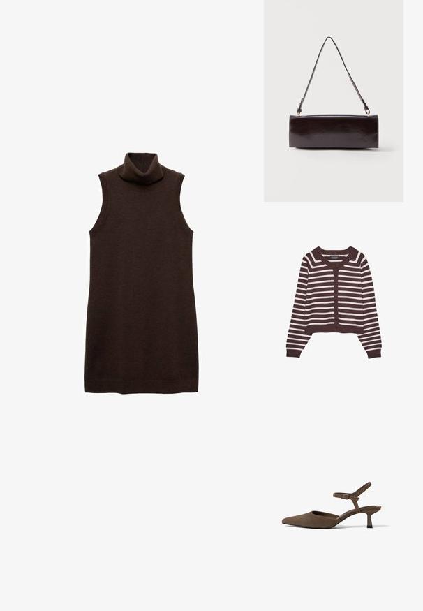 Brun og creme-stribet cardigan, kort design, med rund halsudskæring og seks frontknapper, samt ribbede manchetter og kant.; Brun ærmeløs turtleneck kjole lavet af blødt materiale, med en høj krave og en figursyet silhuet, samt ribbede kanter ved halsen og kanten.; Brun ruskind slingback med spids tå, lav kittenhæl og justerbar ankelrem, fotograferet på hvid baggrund.; Rektangulær sort læderhåndtaske med en enkelt lang rem og blank finish, vist mod en ensfarvet hvid baggrund.