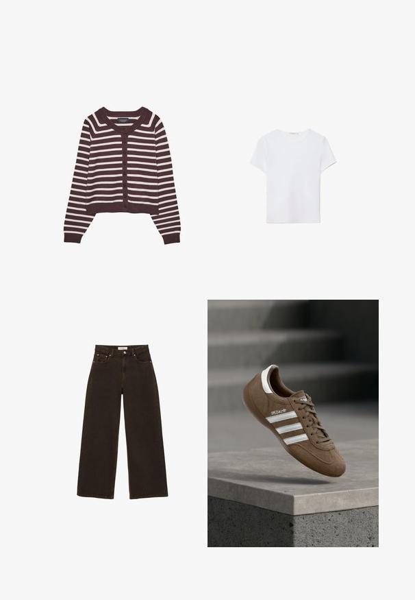 Cardigan à rayures marron et crème, au design court, avec un col rond et six boutons à l'avant, doté de poignets et d'un ourlet côtelés.; T-shirt blanc à manches courtes en tissu doux. Dispose d'un col rond et d'un design simple et épuré avec un ourlet droit.; Jean en denim marron foncé à jambes larges, avec bouton et fermeture éclair à l'avant, poches avant avec rivets, et passants pour ceinture, posé à plat sur un fond blanc.; Baskets Adidas Spezial en daim marron avec des bandes blanches et des lacets, flottant au-dessus d'un rebord en béton gris sur un fond d'escaliers flous.