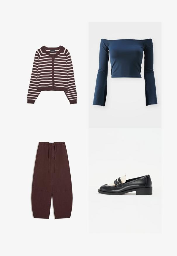 Brun og creme-stribet cardigan, kort design, med rund halsudskæring og seks frontknapper, samt ribbede manchetter og kant.; Off-shoulder, cropped top i marineblå. Lange ærmer med flared ender. Fremstillet af et glat, strækbart stof. Ingen mønstre eller hardware.; Løse, mørkebrune bukser med elastisk talje og snoretræk, med synlige syningsdetaljer langs benene.; Sorte læderloafer med en kontrasterende cremefarvet vamp, der har to dekorative stropper med guldbeslag og en blokhælsdesign.