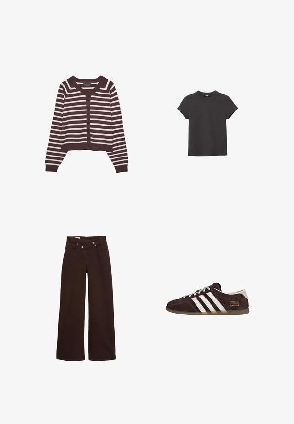 Brun og creme-stribet cardigan, kort design, med rund halsudskæring og seks frontknapper, samt ribbede manchetter og kant.; Kulsort, kortærmet, rundhalset bomulds-T-shirt med lige kant, lagt fladt på en hvid baggrund.; Brune vide ben jeans med høj talje, front lynlås og knaplukning, der har for- og baglommer.; Brune ruskindssneakers med tre hvide striber, gummisål og tekstlabel med ordene "Gazelle" i guld. Snørebåndsdesign med grå snørebånd.