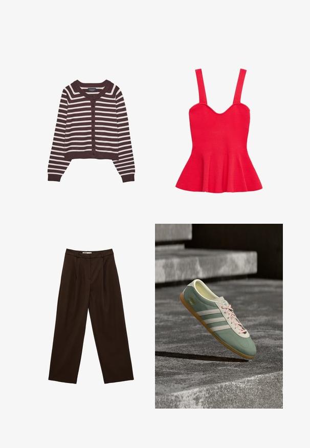 Brun og creme-stribet cardigan, kort design, med rund halsudskæring og seks frontknapper, samt ribbede manchetter og kant.; Rødt ærmeløst strikket peplum-top med brede stropper og hjerteudskæring, tætsiddende ved taljen og med vidde forneden.; Mørkebrune, højtaljede viddebenbukser med bæltestropper og frontplisseringer, designet til en afslappet pasform.; Grønne og hvide Adidas Gazelle sneakers med lyserøde snørebånd svævende over betonstrin i naturligt lys.