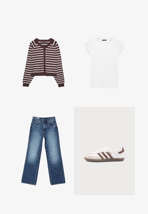 Bruine en crèmekleurige gestreepte cardigan, cropped ontwerp, met een ronde halslijn en zes knopen aan de voorkant, met geribde cuffs en zoom.; Effen wit T-shirt met korte mouwen, een ronde hals en raglanmouwen, afgebeeld op een witte achtergrond.; Blauwe spijkerbroek met een vervaagde wassing op de dijen, rechte wijde pijpen, voorkant met knopen, rits en vijf zakken.; Witte Adidas Samba sneaker met bruine suède strepen, bruine rubberen zool en beige suède neuskap, getoond vanaf de buitenkant op een effen achtergrond.