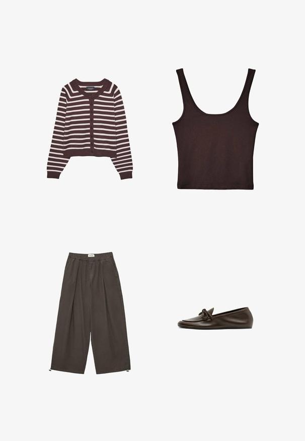 Brun og creme-stribet cardigan, kort design, med rund halsudskæring og seks frontknapper, samt ribbede manchetter og kant.; Mørkebrun ribbet tanktop med brede skulderstropper og et tætsiddende design. Stoffet er blødt med en glat tekstur og en cropped længde.; Mørkebrune bukser med brede ben, elastisk talje, forreste folder, sidelommer og justerbare snører ved kanten.; Mørkebrune læder flade loafers med en rundet tå og dekorativ sløjfe på overdelen, vist fra siden på hvid baggrund.