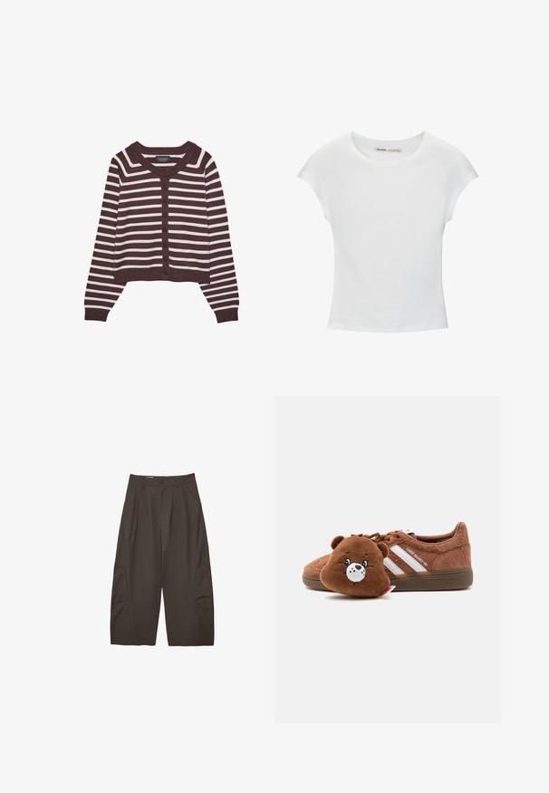 Cardigan à rayures marron et crème, au design court, avec un col rond et six boutons à l'avant, doté de poignets et d'un ourlet côtelés.; T-shirt en coton blanc avec manches courtes retroussées, encolure ronde et ourlet droit. Texture lisse sans motifs ni accents visibles.; Pantalon court marron foncé, taille haute, jambes larges, avec plis à l'avant, poches latérales, passants pour ceinture et fermeture avec bouton à la taille.; Baskets Adidas marron texturées avec des rayures blanches et le texte « Care Bears », accompagnées d’une pochette en peluche à l’effigie de l’ours Care Bears.