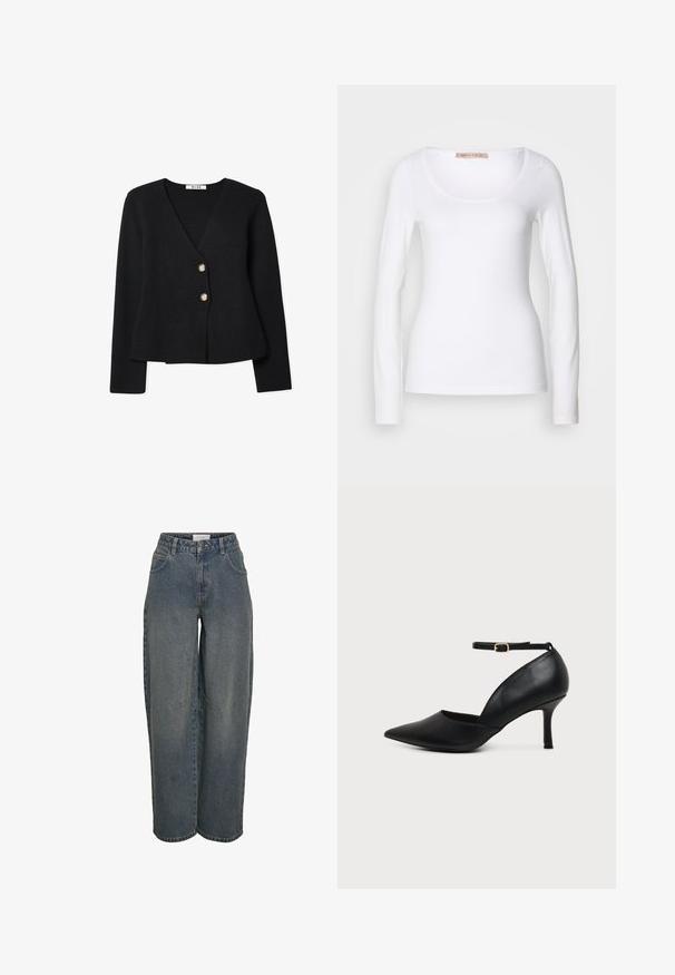 Sort strikket cardigan med v-udskæring, fremhævet af to guldknapper og en let udvidet kant. Blød struktur og lange ærmer.; Langærmet hvid bomulds T-shirt med rund halsudskæring og tætsiddende design, med glat tekstur og uden udsmykninger.; Bredde denimjeans i mørkeblå, lavet af tekstureret bomuldsstof. Har for- og baglommer samt en lynlås og knaplukning.; Sort læder sko med spids tå, kitten heel, ankremme og gylden spænde på neutral baggrund.