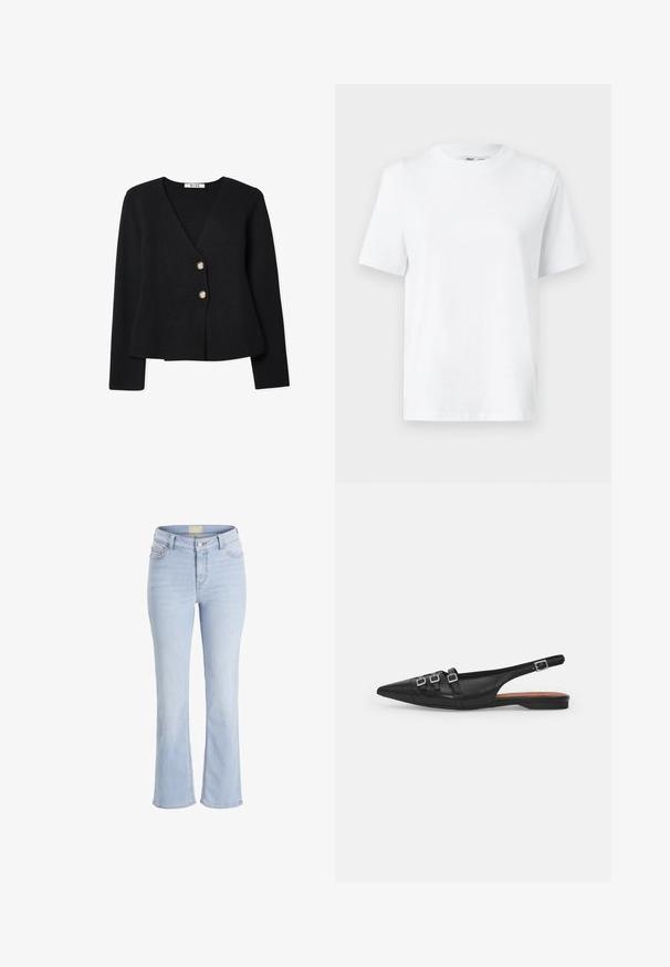 Sort strikket cardigan med v-udskæring, fremhævet af to guldknapper og en let udvidet kant. Blød struktur og lange ærmer.; Hvid bomulds T-shirt med rund hals, kortærmet og en glat tekstur. Designet med en afslappet pasform for komfort og alsidighed.; Lyseblå denim bukser med bredde ben og høj talje, fem lommer og lynlås. Har en diskret vask og stikninger på sømmene.; Sort læderslyngeflad sko med spids tå, der har to vandrette stropper og firkantede sølvspænder, lav hæl og glat tekstur.