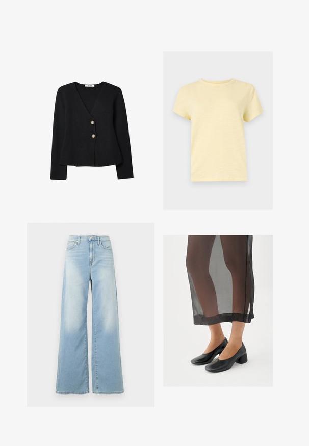 Sort strikket cardigan med v-udskæring, fremhævet af to guldknapper og en let udvidet kant. Blød struktur og lange ærmer.; Lysegul T-shirt med korte ærmer og rund hals, ensfarvet design, vist på en flad, lys grå baggrund.; Lyseblå jeans med vide ben og høj talje, forrest med knapper og lommer, vist mod en hvid baggrund.; Sorte sko med blokhæle og glat læderfinish, båret med et gennemsigtigt sort skørt med en ren kant og minimalistisk design.