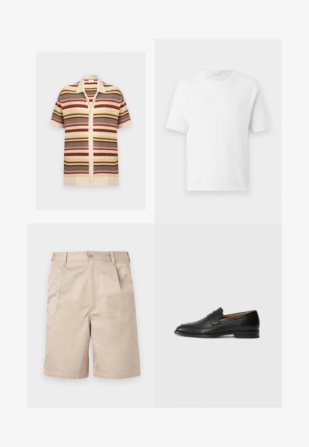 Gebreid overhemd met korte mouwen en knopen, met horizontale strepen in beige, bruin, crème, rood en gele tinten, met kraag en gestructureerde stof.; Witte korte mouwen gestructureerde gebreide T-shirt met ronde hals, weergegeven tegen een effen lichte achtergrond.; Beige knielange shorts met vooraan knoop- en ritsluiting, riemlussen en zijzakken.; Zwarte leren instapper met een ronde neus, subtiele stikdetails en een lage hak, met een gladde textuur en een minimalistisch ontwerp.