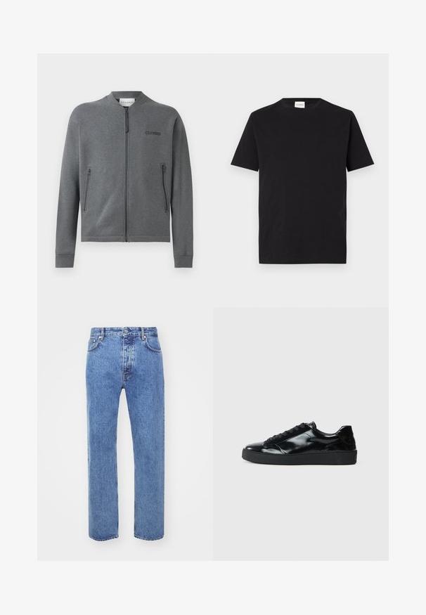 Sweatshirt zippé gris en tissu doux, doté de poignets côtelés et de deux poches zippées sur les côtés. Logo "CLOSED" sur la partie gauche de la poitrine.; T-shirt en coton noir avec un col rond et des manches courtes. Présente une coupe droite et un design minimal, avec une étiquette visible au niveau du col.; Won Hundred STEVE - Jean boyfriend - cut blue; Baskets en cuir verni noir avec un bout arrondi, un laçage, une semelle en caoutchouc texturé et une finition lisse.