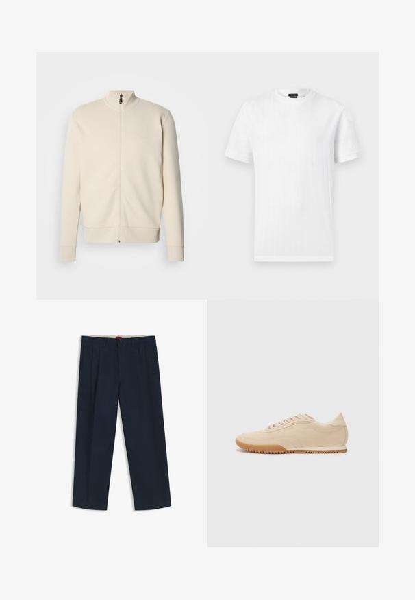 Sweat-shirt beige zippé avec col montant, poignets et ourlet côtelés. Présente un logo subtil sur la poitrine et un tissu doux et texturé.; T-shirt blanc à manches courtes et col rond, avec une subtile texture côtelée verticale, présenté sur un fond gris clair uni.; Pantalon large bleu marine foncé avec passants pour ceinture, fermeture à bouton et zip à l'avant, et poches latérales, présenté sur fond blanc.; Baskets en daim beige au design épuré, présentant une tige texturée, un bout rond et une semelle en caoutchouc avec un motif en zigzag.