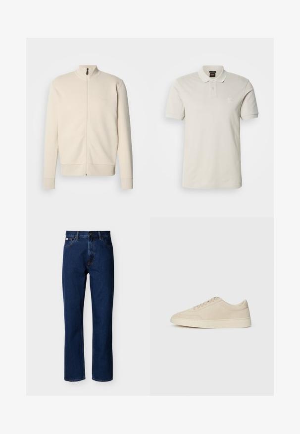 Sweat-shirt beige zippé avec col montant, poignets et ourlet côtelés. Présente un logo subtil sur la poitrine et un tissu doux et texturé.; Polo beige clair en coton lisse, doté d'un col classique, de manches courtes, de deux boutons et d'un petit patch logo sur la poitrine.; Jean droit bleu foncé en denim, avec un design classique à cinq poches, des coutures discrètes et une fermeture avant à boutons.; Baskets basses en suède beige avec lacets, bout rond et semelle épaisse en caoutchouc, présentées en profil droit sur un fond blanc.