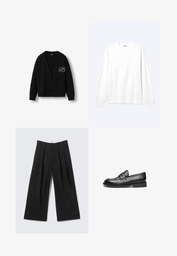 Cardigan noir en tricot avec un col en V, des manches longues et une fermeture à boutons. Présente un logo subtil en gris sur le côté gauche. Texture douce.; Chemise blanche unie à manches longues avec col rond et poignets côtelés, présentée sur un fond clair neutre.; Pantalon noir à jambes larges avec plis, passants pour ceinture et fermeture par bouton, présenté sur un fond gris clair.; Des mocassins en cuir noir présentent un bout arrondi, une couture sur le dessus et une semelle en caoutchouc plate et basse. Texture lisse sans motifs visibles.