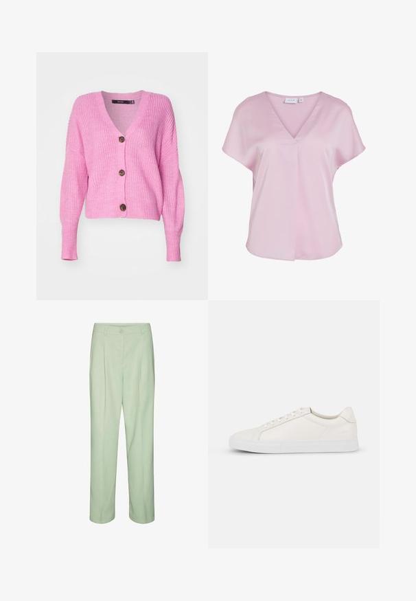 Vero Moda VMLEA V NECK CUFF CARDIGAN - Cardigan - pastel lavender; Lyserød kortærmet bluse med V-udskæring og løs pasform, lavet af glat stof, med en lille frontplisse-detalje.; Lys mintgrønne bukser med lige pasform, der har en knaplukning og pæne folder, lavet af et glat, let materiale.; Hvide lædersneakers med en glat tekstur, rund tå, snørebånd foran og flad gummisål. Enkelt design uden mønstre eller accenter.