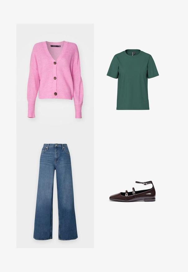 Vero Moda VMLEA V NECK CUFF CARDIGAN - Cardigan - pastel lavender; Kortærmet t-shirt i mørkegrøn bomuld med rund hals. Enkelt, udekoreret design og afslappet pasform. Blød tekstur, ingen mønstre.; Bredde jeans i blå denim med høj talje, frontknaplukning og klassisk fem-lomme design. Glat tekstur.; Brune patentlæder flade sko med spids tå, der har to justerbare stropper og sølvspænder samt en lav, firkantet hæl.