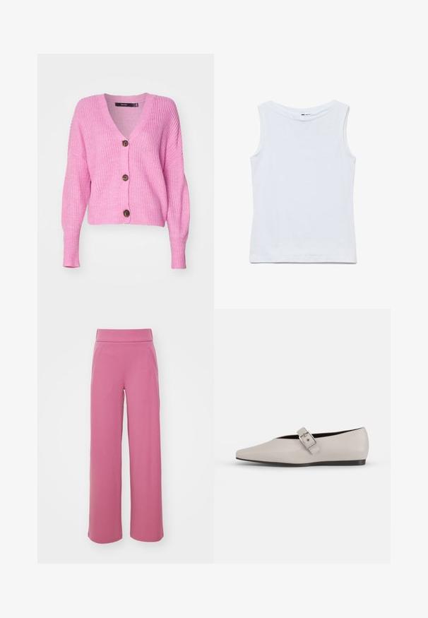Vero Moda VMLEA V NECK CARDIGAN - Ζακέτα - pastel lavender; Λευκό βαμβακερό αμάνικο τοπ με φαρδιά στρογγυλή λαιμόκοψη και ίσια ραφή, απεικονισμένο επίπεδα σε λευκό φόντο.; Παντελόνια σε φαρδιά γραμμή σε απλή ροζ απόχρωση. Κατασκευασμένα από ομαλό ύφασμα με ελαστική μέση και πλαινές τσέπες. Χωρίς ορατά σχέδια ή μεταλλικά στοιχεία.; Μπεζ δερμάτινη επίπεδη παντόφλα με μυτερή μύτη, διακοσμητικό κούμπωμα στο πλάι και χαμηλή μαύρη σόλα. Λείο υφάσμα και μινιμαλιστικός σχεδιασμός.