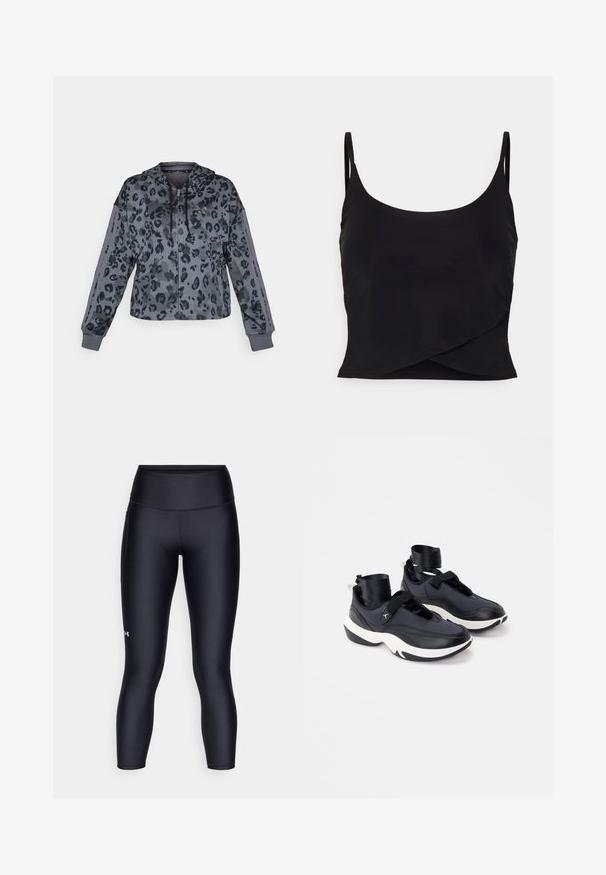 Lühendatud hall kapuutsiga sviiter musta leopardimustriga, millel on paelaga kapuuts, lukuga sulgemine ja mustad detailid varrukatel.; Even&Odd active Topp - black; Mustad mustad leggings, mis on valmistatud siledast ja elastsetest materjalidest. Kõrge vöökohaga disain, mis hoiab lähedast istuvust ning väikese logo vasakul jalal.; Mustvalged sportlikud tossud paksude taldade, takjakinniste ja mustade paeladest pahkluukinnitustega valgel taustal.