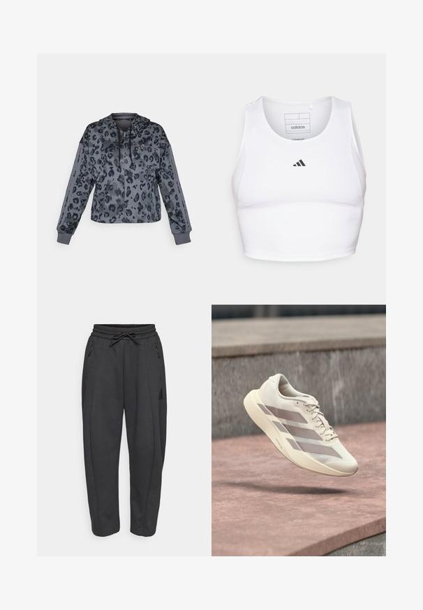 Afkortet grå hættetrøje med sort leopardprint, udstyret med justerbar hætte, lynlås lukning og sorte detaljer langs ærmerne.; Hvid atletisk crop top lavet af letvægts, åndbart stof. Har mesh-sider og sort broderet logo på brystet.; Sorte træningsbukser med elastisk talje, snor, sidelommer med lynlås og tapered ben. Fremstillet af et blødt, struktureret stof.; Kremfarvet løbesko med taupe-striber, der svæver over en rødbrun flisebelagt overflade og en grå stenmurstensbaggrund.