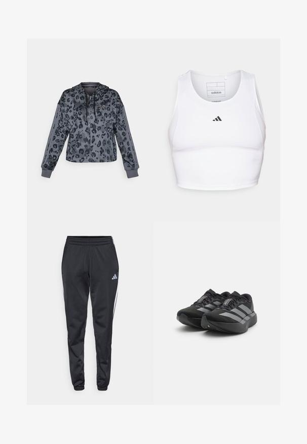 Afkortet grå hættetrøje med sort leopardprint, udstyret med justerbar hætte, lynlås lukning og sorte detaljer langs ærmerne.; Hvid atletisk crop top lavet af letvægts, åndbart stof. Har mesh-sider og sort broderet logo på brystet.; Sorte træningsbukser med elastisk talje, smalle ben og hvide sidelister. Har et lille gråt trefoil-logo på venstre lår.; Et par sorte Adidas Adizero løbesko med grå striber, tykke såler og snørebånd på en hvid baggrund.